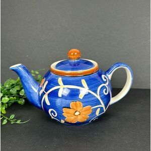 Herman Dodge & Son Ceramic Teapot Blue White Beige Floral Hand Painted